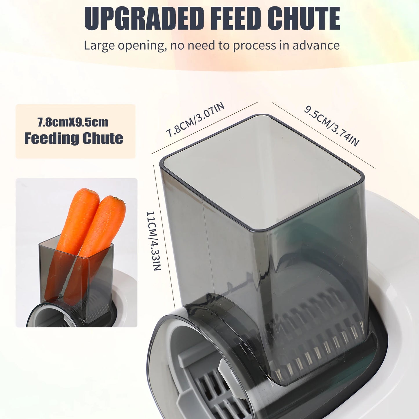 Electric Cheese Grater and Vegetable Slicer – Multifunctional Feed chute with dimensions .