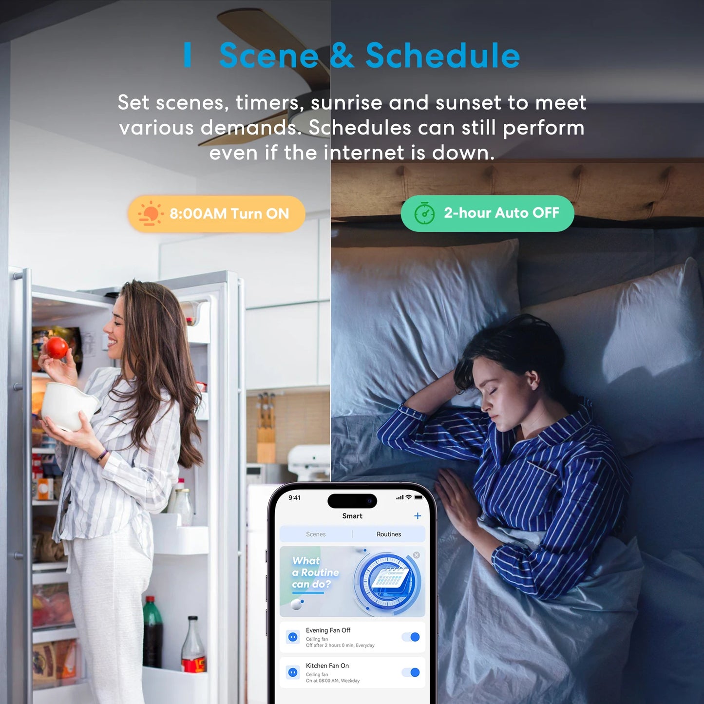 HomeKit WiFi Smart Ceiling Fan Light Switch with Dimmer in Smart home control system with scenes, timers, and schedules displayed on a smartphone app.