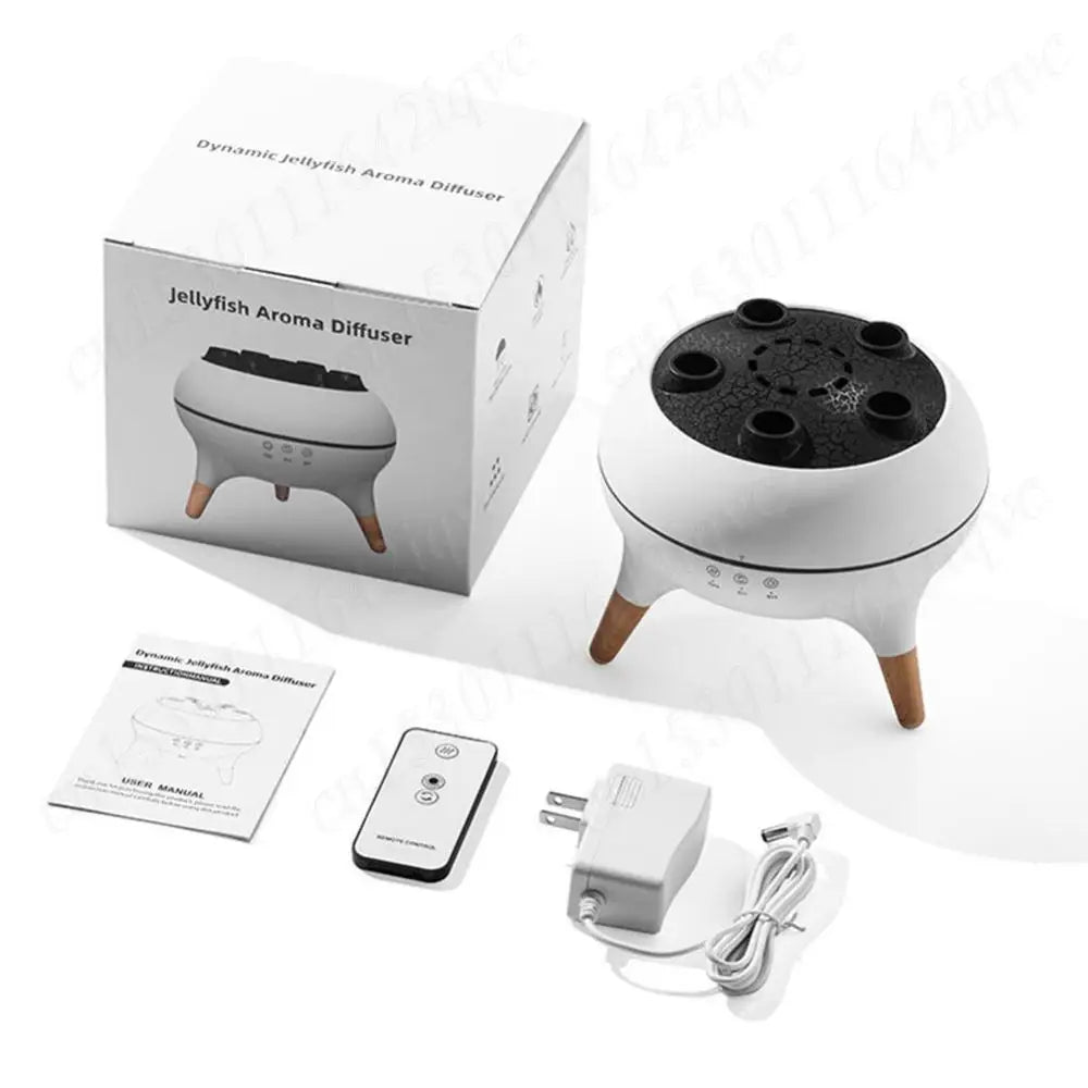 Smart Dynamic Jellyfish Humidifier & Oil Diffuser Jellyfish Aroma Diffuser with packaging, remote control, power adapter, and user manual on a white background