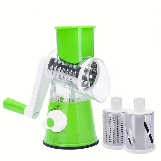Round Mandoline Vegetable Cutter – 3-in-1 Rotary Drum Grater for slicing, shredding and grating vegetables, fruits and cheese.