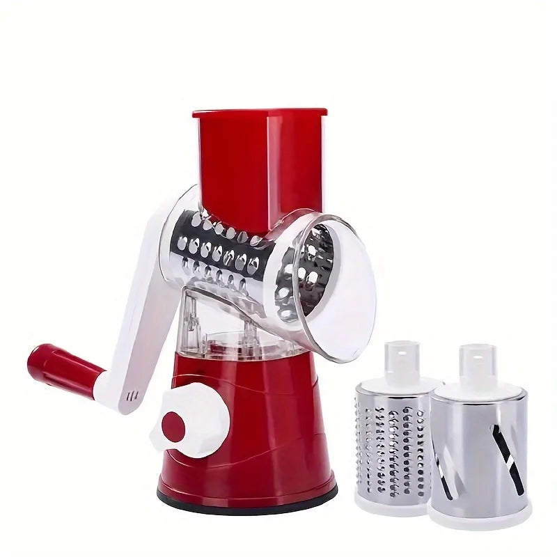 Vegetable shredder and cheese grater kitchen gadget with non-slip base and ergonomic handle.