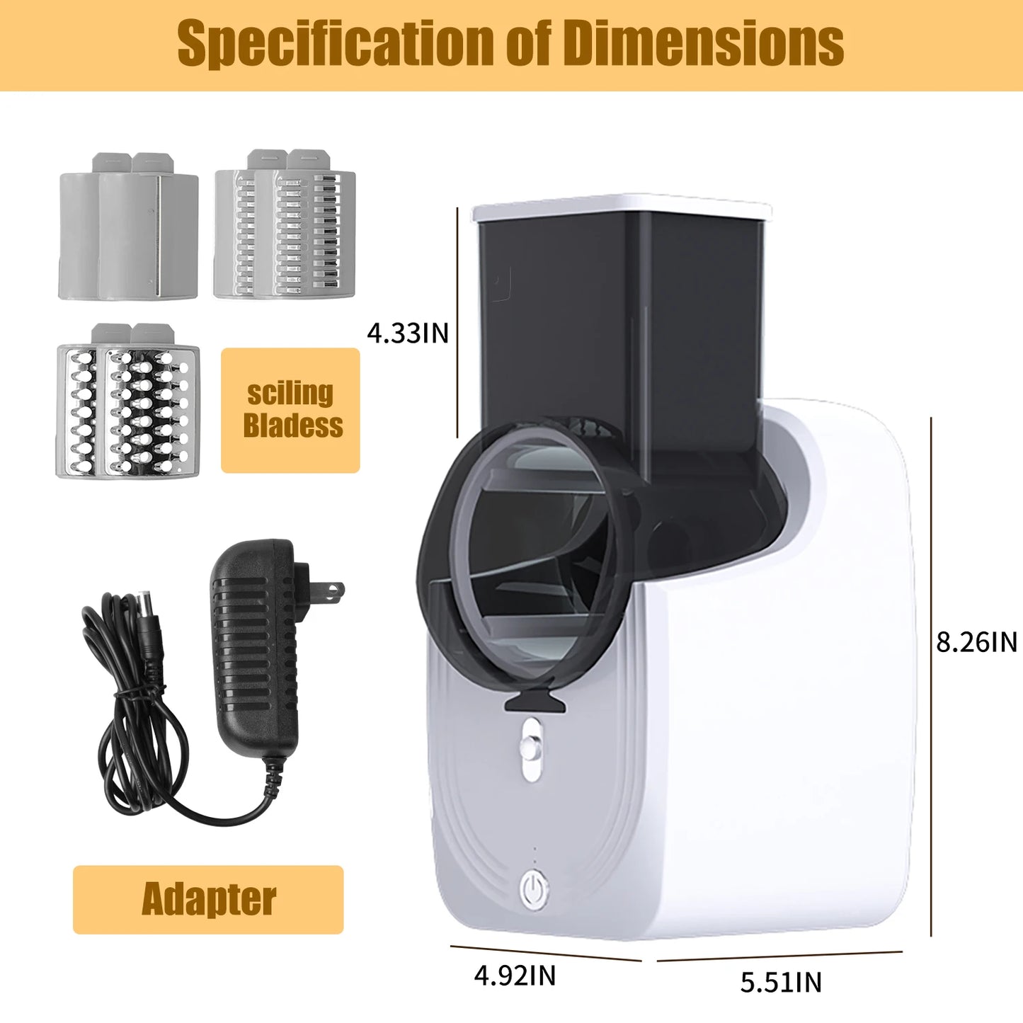 Electric Cheese Grater and Vegetable Slicer – Multifunctional with scaler blades, adapter, and dimensions .