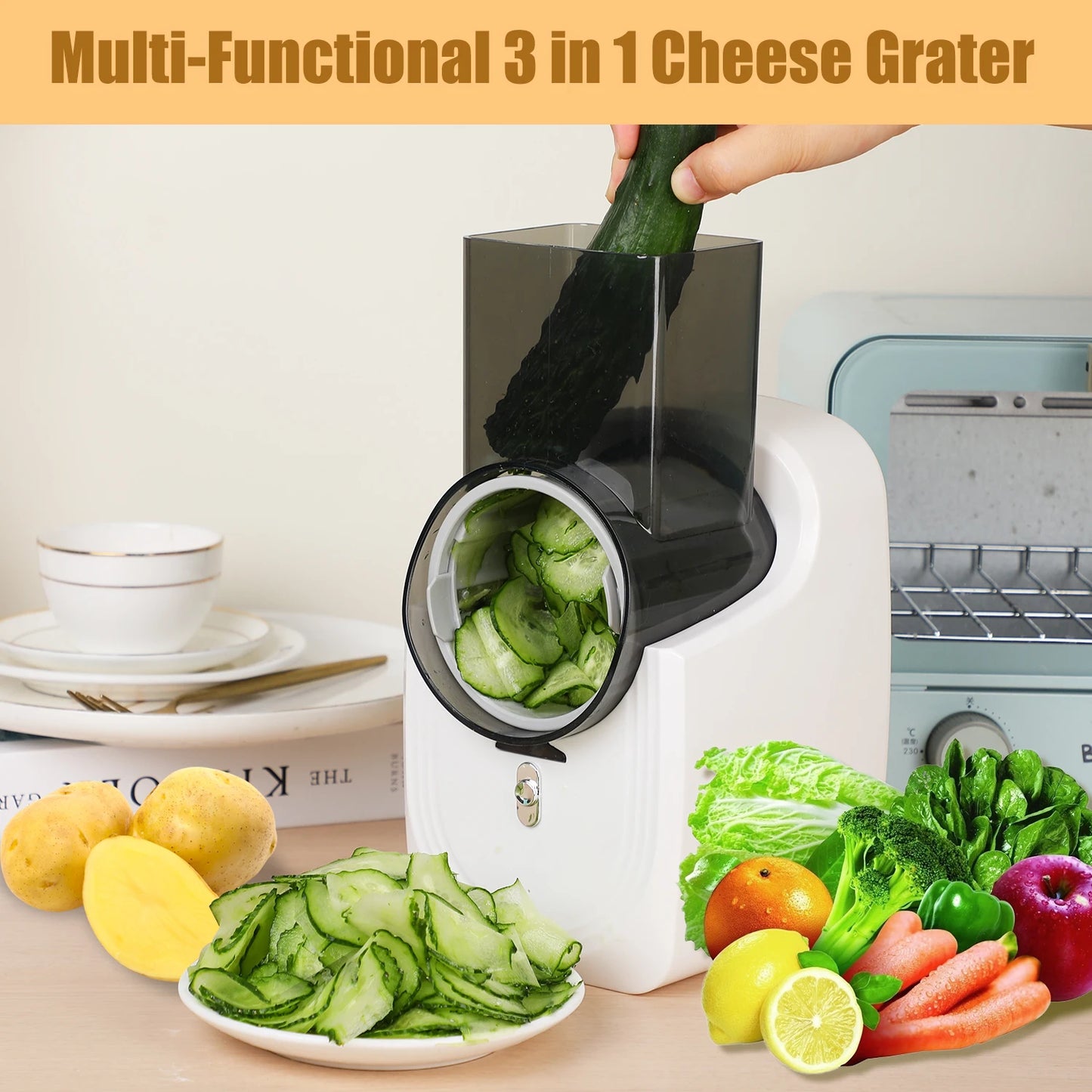 Front view of Electric Cheese Grater and Vegetable Slicer – Compact Multifunctional Food Processor