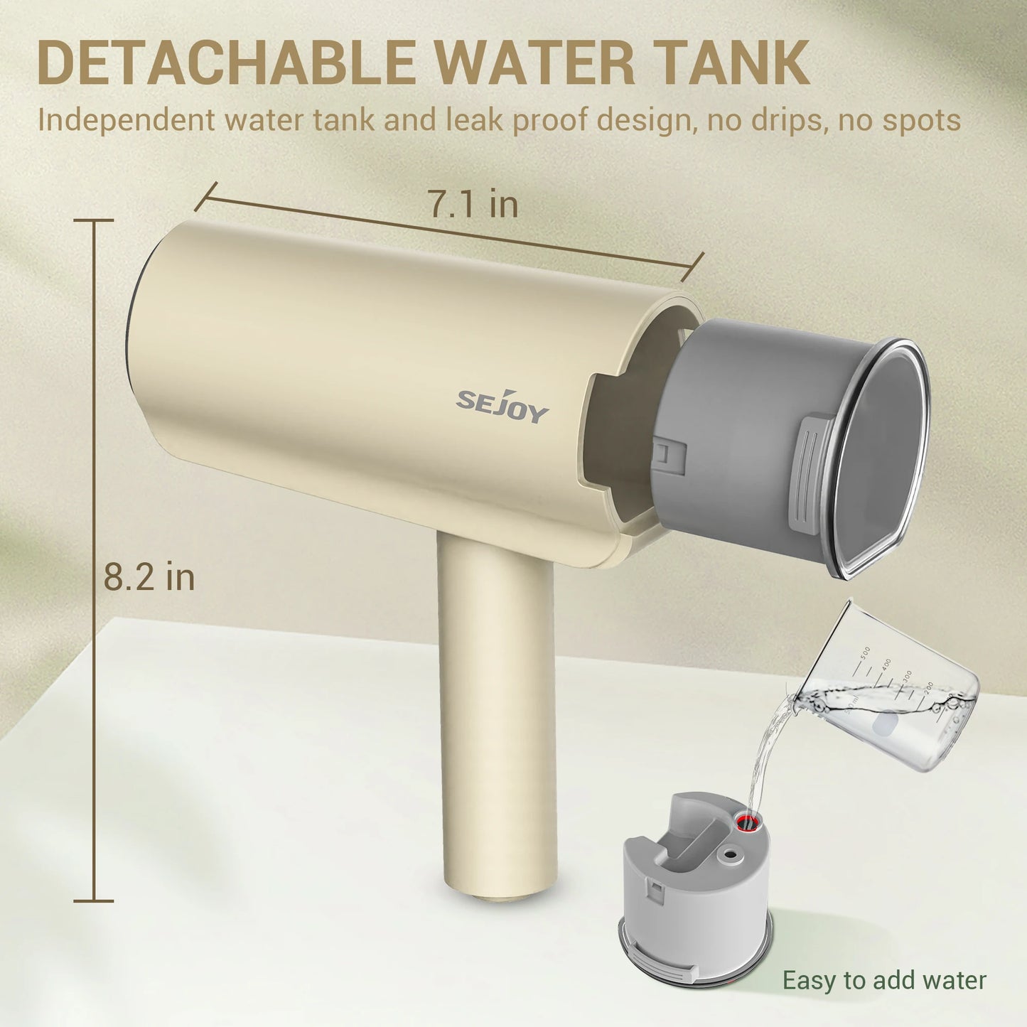Handheld Garment Steamer 150ml with detachable water tank and measurement details .