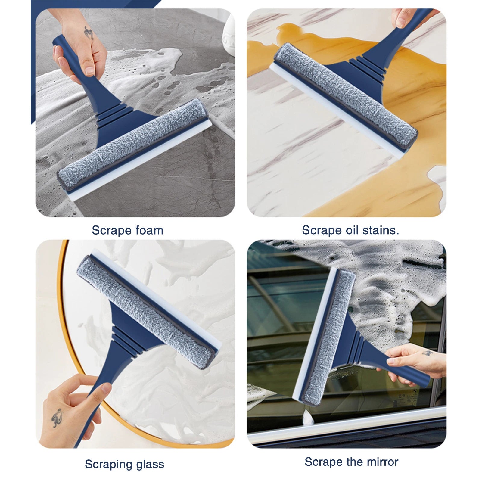 Household window cleaner scraper being used on various surfaces .