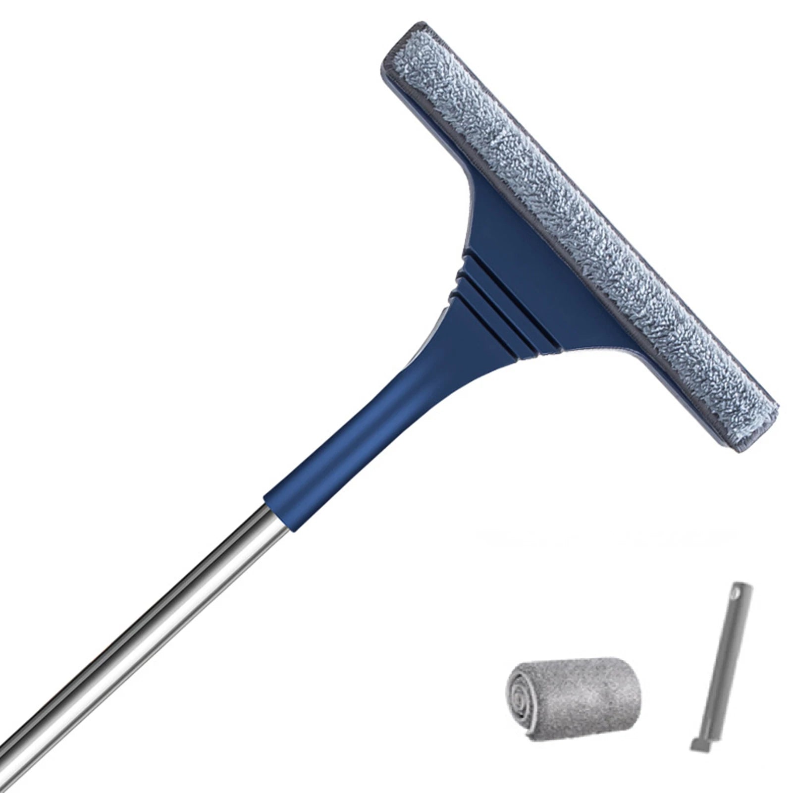 Household window cleaner scraper with squeegee blade, roller, and replacement part on a white background