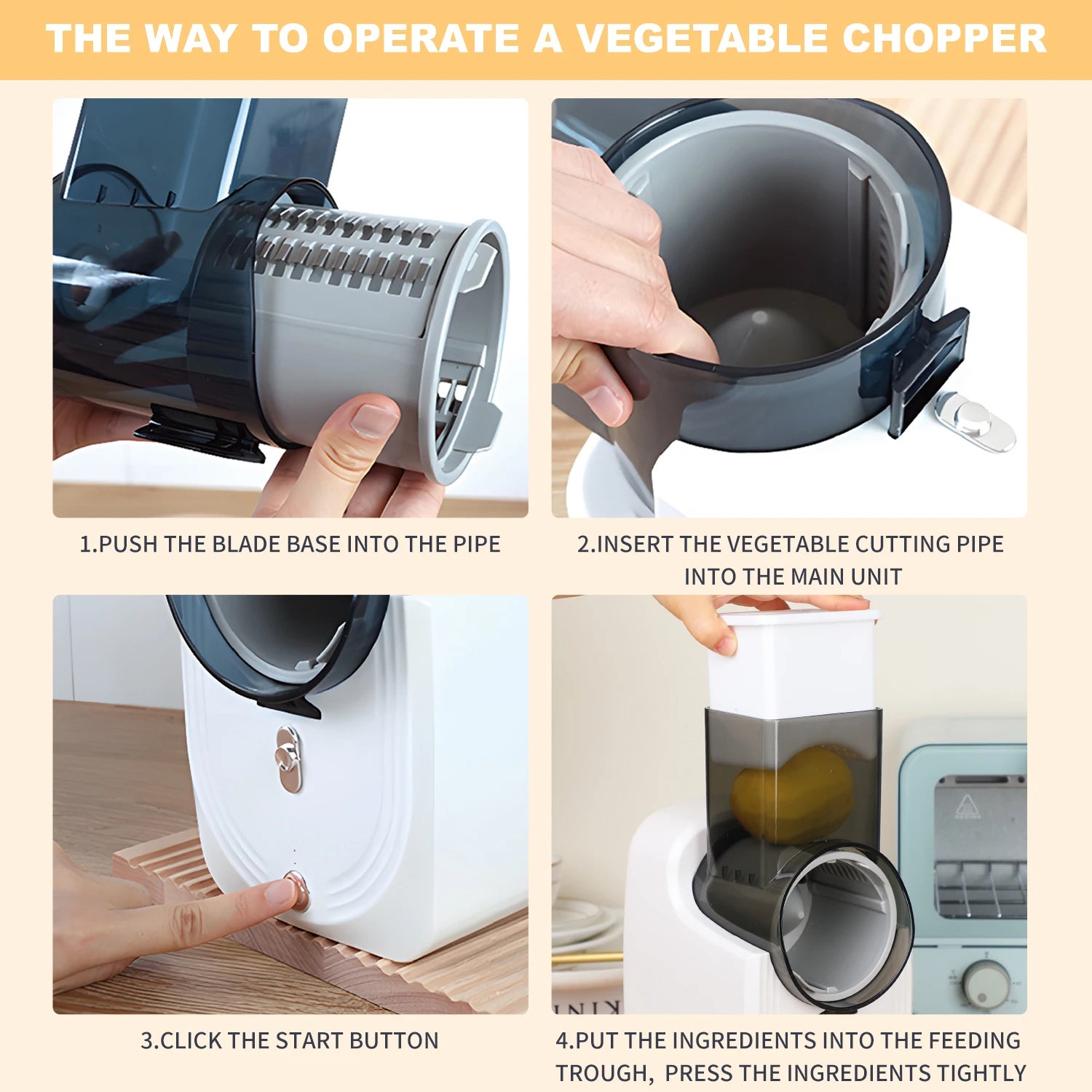Step-by-step guide on how to operate a vegetable chopper with labeled instructions.