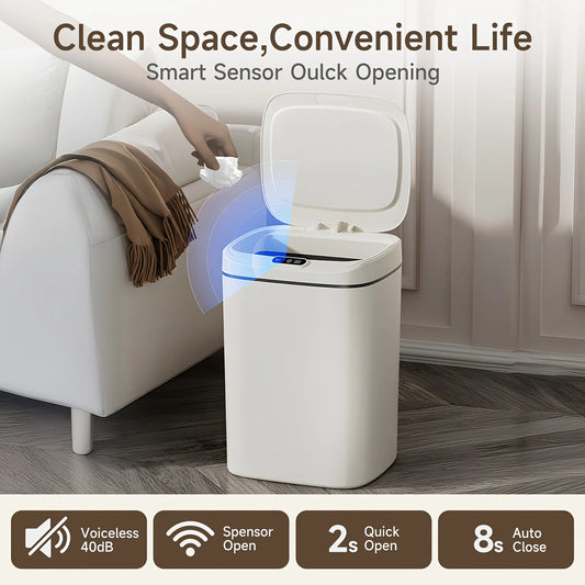 Smart Motion sensor trash can with a hand reaching towards it in a living room setting.