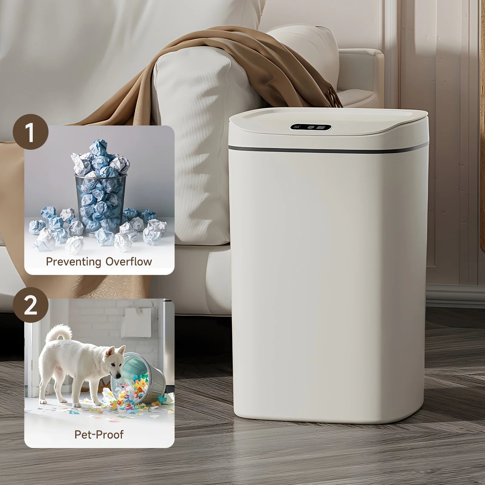 Intelligent Motion Sensor Trash Can with features highlighted on a wooden floor.