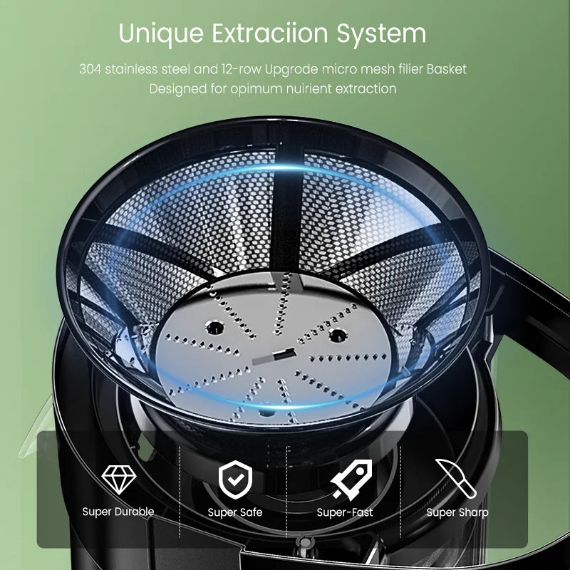 Juicer Machine 304 stainless steel and 12-row Upgrade micro mesh filier basket designed for optimum nuirient extraction .