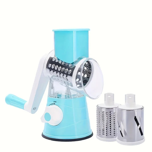 Multifunctional vegetable cutter slicer with interchangeable rotary drums for quick salad and meal preparation.