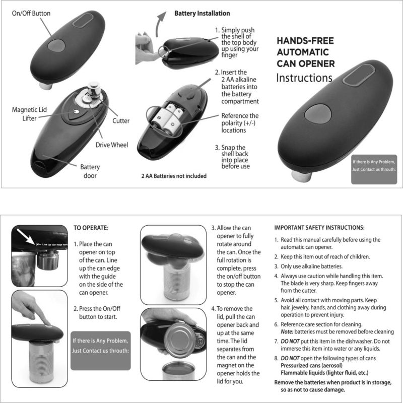Smart Electric Can Opener – One-Touch Automatic Hands-free automatic can opener with installation and usage instructions on a white background