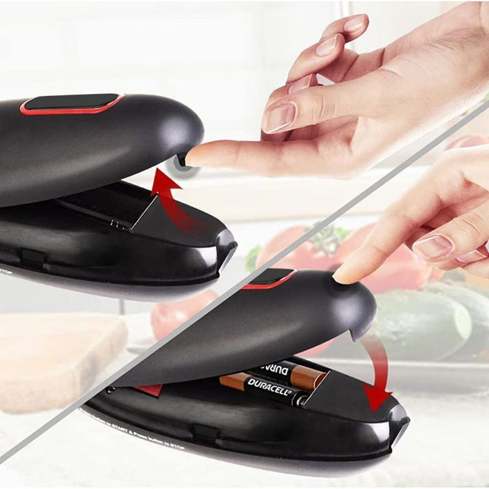 Smart Electric Can Opener – One-Touch Automatic with a battery being inserted .