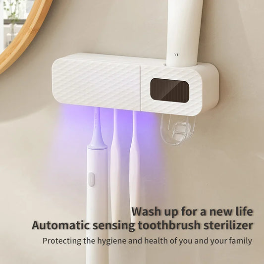 Smart Toothbrush Rack Wall Mounted with 3 Slots, Toothpaste Dispenser and Drying Function