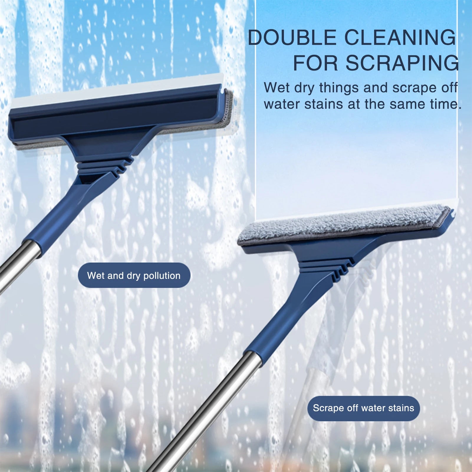 Stainless steel and silicone window scraper with brush wiper for streak-free finish