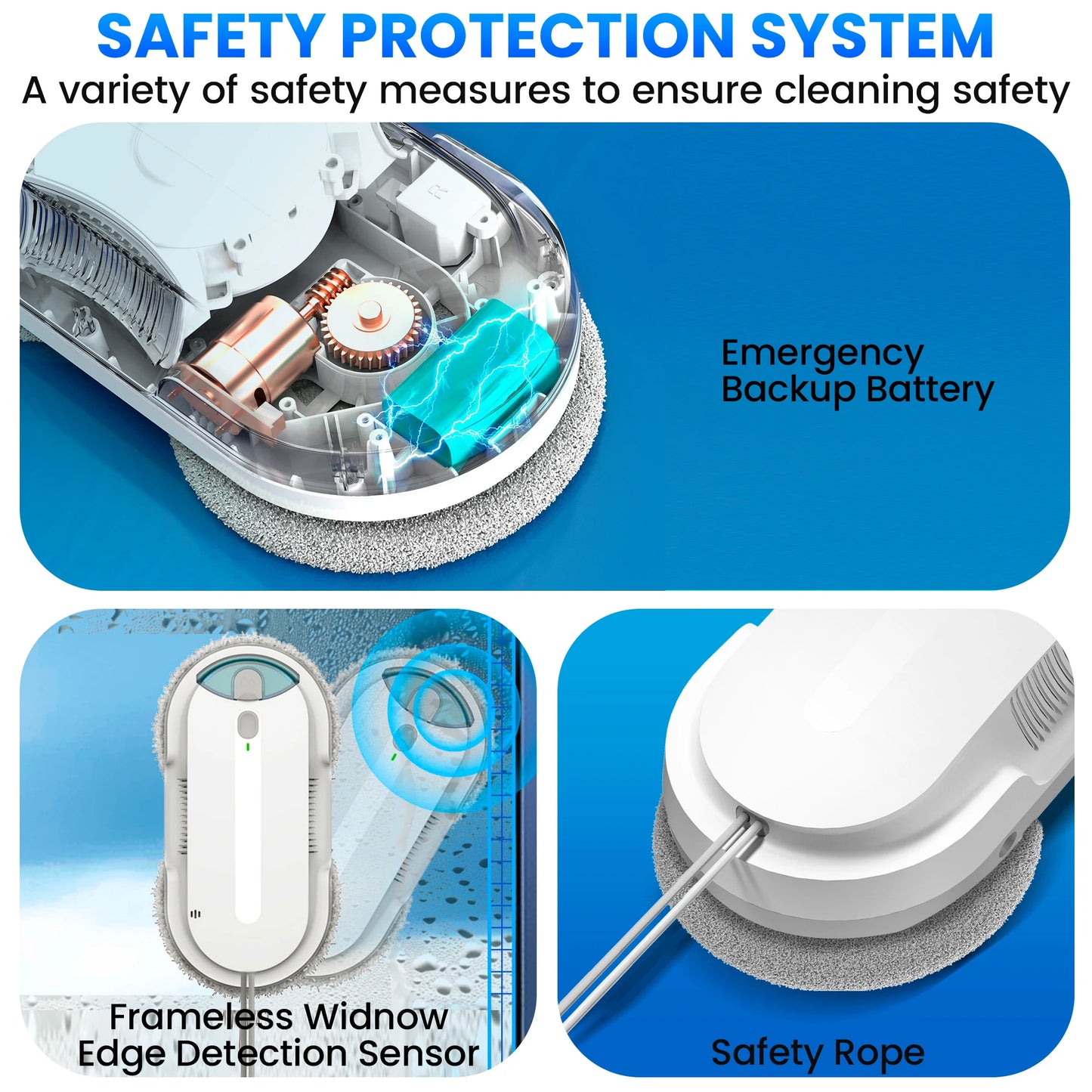 Window Cleaning Robot with Automatic Water Spray – Smart Glass Cleaner with Safety protection system , emergency backup battery, frameless window edge detection sensor, and safety rope .