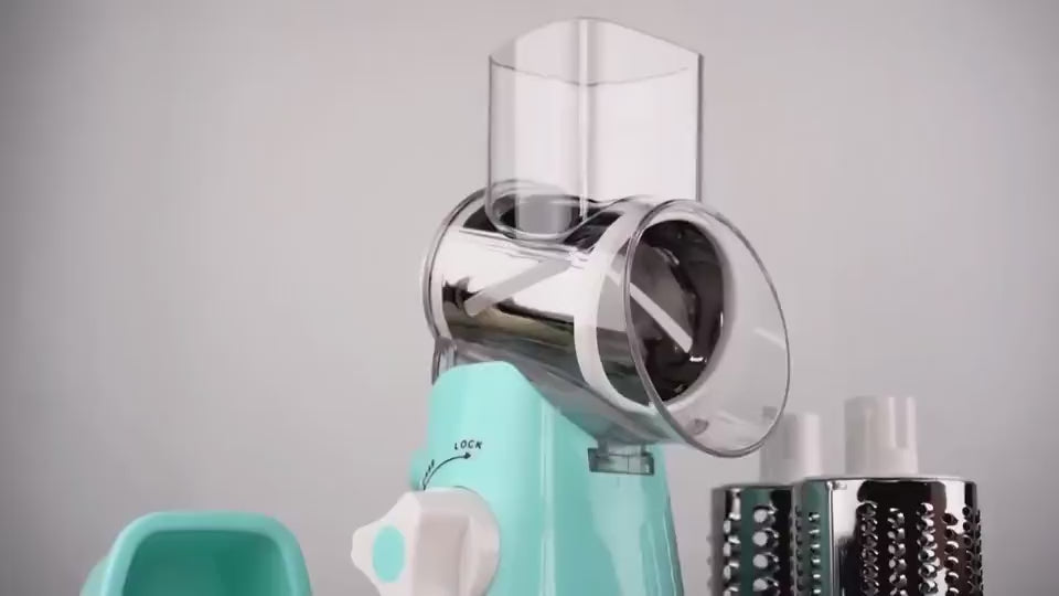 Demonstration of Vegetable Cutter Round Mandoline Slicer – 3-in-1 Rotary Drum Grater for Cheese, Vegetables & Fruits